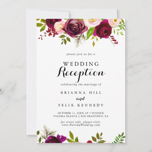 Rustic Blush Burgundy Floral Wedding Reception Kaart (Voorkant)