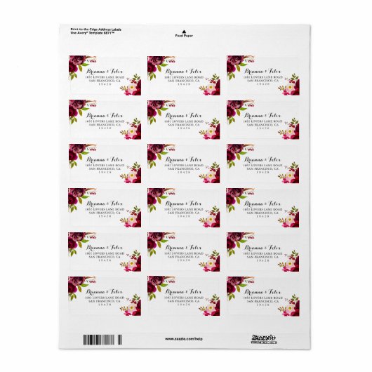 Rustic Blush Burgundy Floral Wedding RSVP Adres Etiket (Full Sheet)