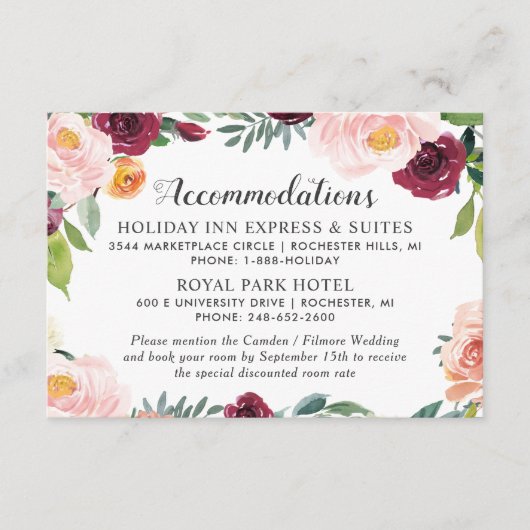 Rustic Blush Burgundy Floral Wreath Accommodations Informatiekaartje (Voorkant)