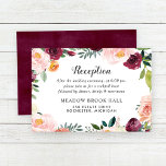 Rustic Blush Burgundy Floral Wreath Reception Informatiekaartje<br><div class="desc">Met de Floral bruiloft receptiekaarten is een groot lijst prachtige waterverf bloemen te zien, zoals rozen in de zomer en de herfst, dahlias, pony bloemen en groen, in een prachtig herfstpalet van wogunde rood, goudgeel, perzikachtig sinaasappel, wazige roze en groene tinten. Een rode achtergrond met een getextureerde vormgeving drukt de...</div>