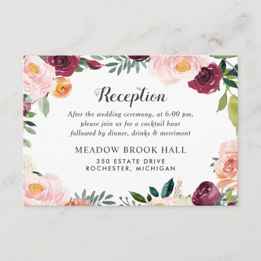 Rustic Blush Burgundy Floral Wreath Reception Informatiekaartje (Voorkant)