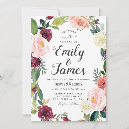 Rustic Blush Burgundy Floral Wreath Script Weddens Kaart (Voorkant)