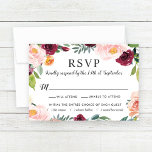 Rustic Blush Burgundy Floral Wreath Wedding RSVP Kaartje<br><div class="desc">Klassieke trouwreactiekaarten zijn elegant geformuleerd met een grote hoeveelheid bloemen in de zomer en de herfst van de waterverf, zoals rozen, dahlia's, pony's en groen, in een prachtig herfstpalet van wogoerrood, goudgeel, perzikachtig sinaasappel, wazige roze en groene tinten. Pas de stijlvolle, donkergrijze tekst aan met de RSVP-opties op de vervaldatum...</div>
