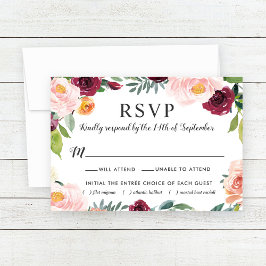 Rustic Blush Burgundy Floral Wreath Wedding RSVP Kaartje