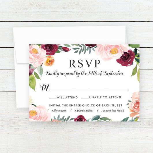 Rustic Blush Burgundy Floral Wreath Wedding RSVP Kaartje