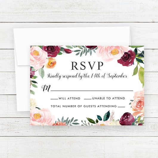 Rustic Blush Burgundy Floral Wreath Wedding RSVP Kaartje