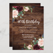 Rustic Blush & Burgundy Flowers 40th Birthday Kaart (Voorkant / Achterkant)