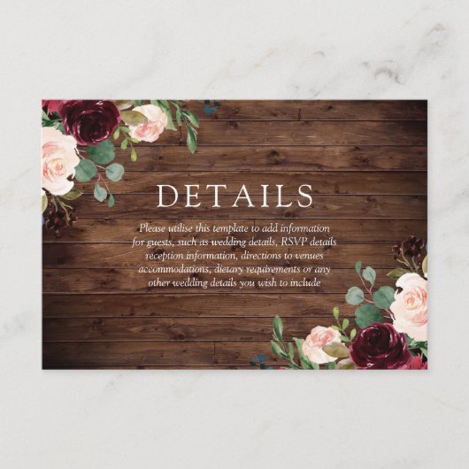 Rustic Blush & Burgundy Flowers All Season Wedding Informatiekaartje (Voorkant)