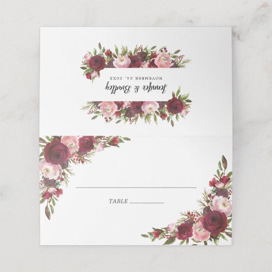 Rustic Blush Burgundy Flowers Wedding Plaatskaartje (Buitenkant ongevouwen)