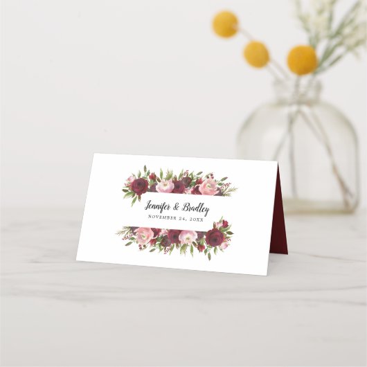 Rustic Blush Burgundy Flowers Wedding Plaatskaartje (Achterkant)