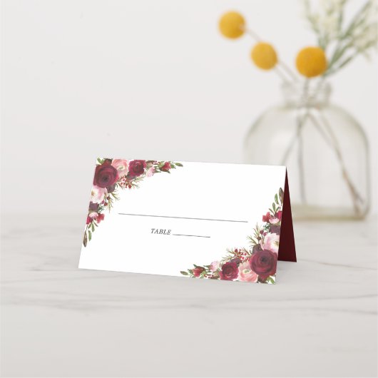 Rustic Blush Burgundy Flowers Wedding Plaatskaartje (Voorkant)