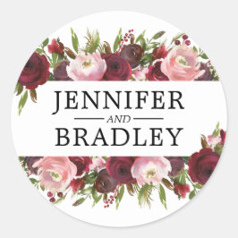 Rustic Blush Burgundy Flowers Wedding Ronde Sticker