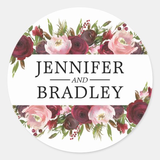 Rustic Blush Burgundy Flowers Wedding Ronde Sticker (Voorkant)