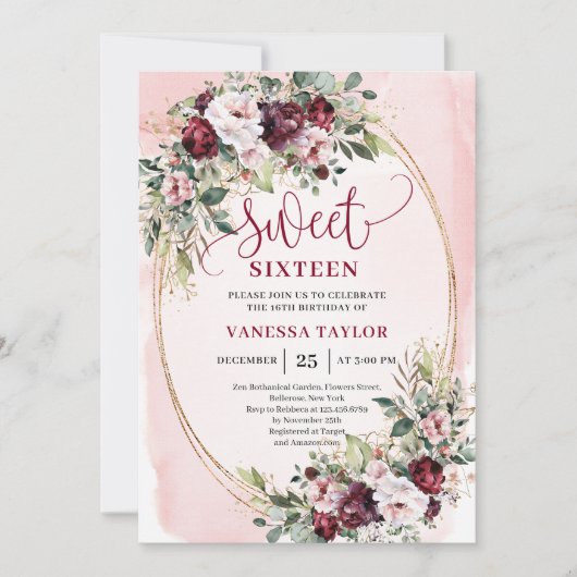 Rustic Blush Burgundy Gold Sweet Sixteen Invites Kaart (Voorkant)