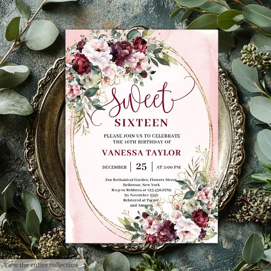 Rustic Blush Burgundy Gold Sweet Sixteen Invites Kaart