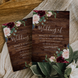 Rustic Blush & Burgundy Red Wine Flowers Weddensch Kaart