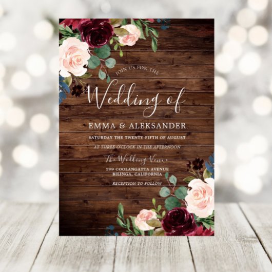 Rustic Blush & Burgundy Red Wine Flowers Weddensch Kaart