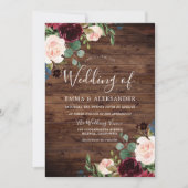 Rustic Blush & Burgundy Red Wine Flowers Weddensch Kaart (Voorkant)