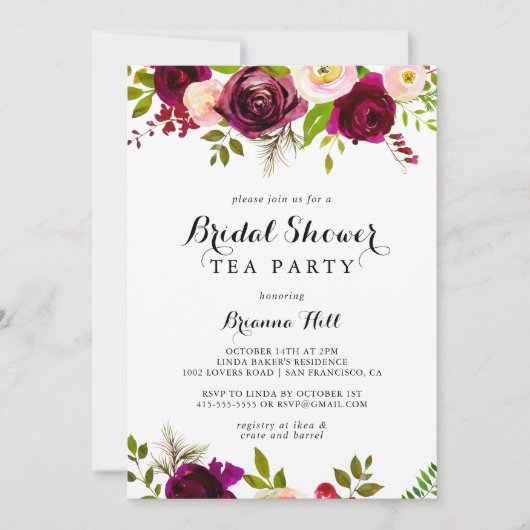 Rustic Blush Burgundy Vrijgezellenfeest Tea Party Kaart (Voorkant)