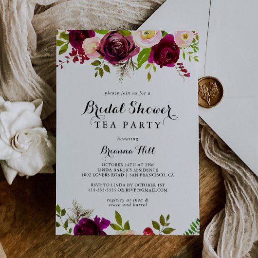Rustic Blush Burgundy Vrijgezellenfeest Tea Party Kaart