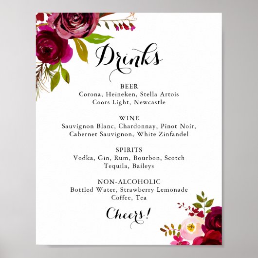 Rustic Blush Burgundy Wedding Drink Menu Sign Poster (Voorkant)