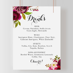Rustic Blush Burgundy Wedding Drink Menu Sign Poster