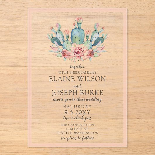 Rustic Blush Cacti Botanical Natuur Desert Wedding Acryl Uitnodigingen (Voorkant)