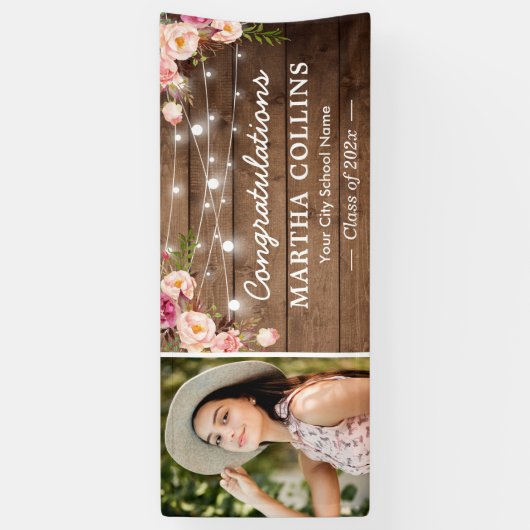 Rustic Blush Floral Afstudeerder Foto Graduparty Spandoek (Verticaal)