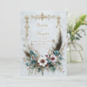 Rustic Blush Floral Feather Elegant Wedding Kaart (Staand voorkant)