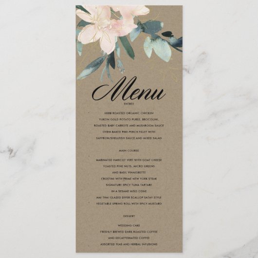 RUSTIC BLUSH FLORAL KRAFT BUNCH WATERVERF WEDING MENU (Voorkant)