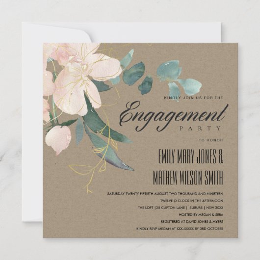 RUSTIC BLUSH FLORAL KRAFT WATERVERF VERLOVING KAART (Voorkant)