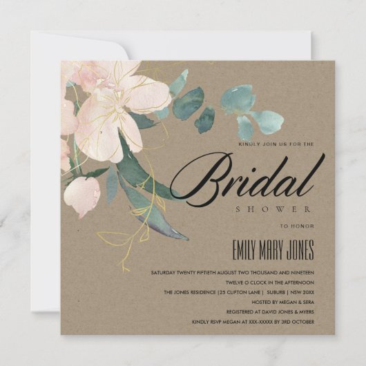 RUSTIC BLUSH FLORAL KRAFT WATERVERF VRIJGEZELLENFE KAART (Voorkant)