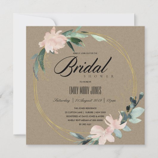 RUSTIC BLUSH FLORAL KRAFT WATERVERF VRIJGEZELLENFE KAART (Voorkant)