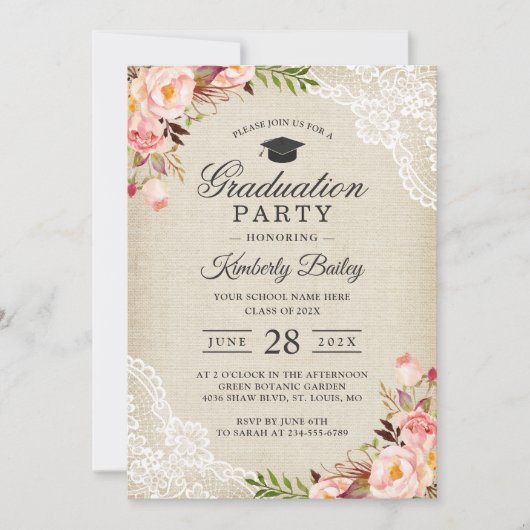 Rustic Blush Floral Lace Burlap Graduation Party Kaart (Voorkant)