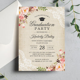 Rustic Blush Floral Lace Burlap Graduation Party Kaart