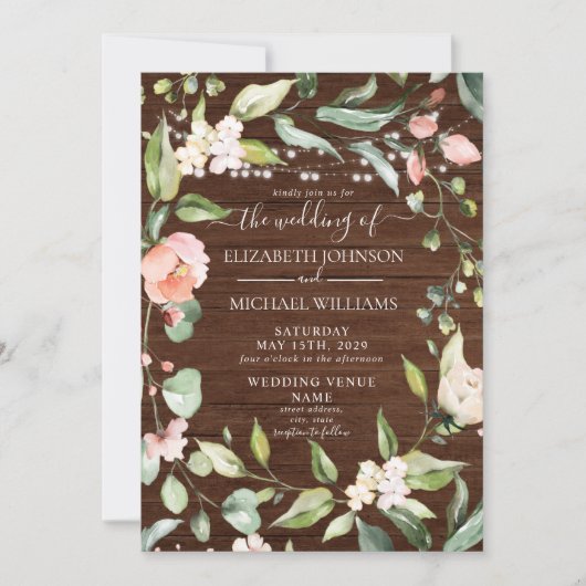 Rustic Blush Floral Script Wood Foto bruiloft Kaart (Voorkant)