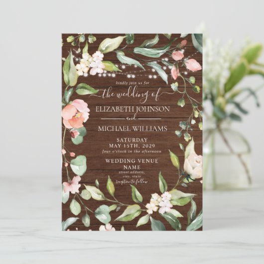 Rustic Blush Floral Script Wood Foto bruiloft Kaart (Staand voorkant)