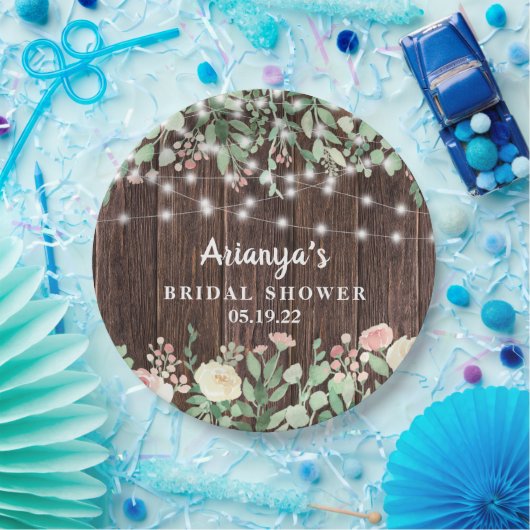 Rustic Blush Floral String Lights Vrijgezellenfees Papieren Bordje (Feest)