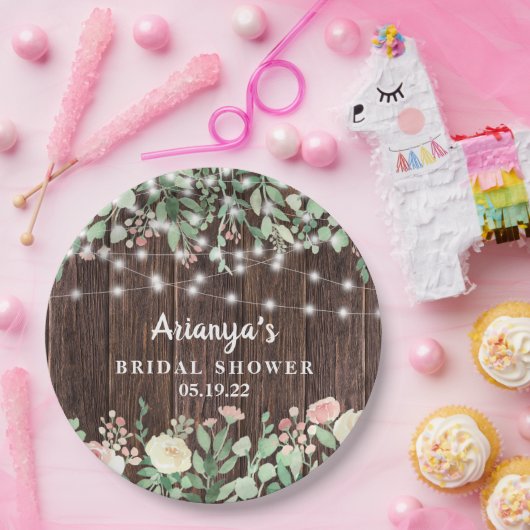 Rustic Blush Floral String Lights Vrijgezellenfees Papieren Bordje (Feest)