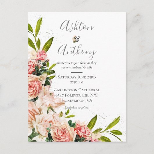 Rustic Blush Floral Vintage Wedding Uitnodiging Briefkaart (Voorkant)