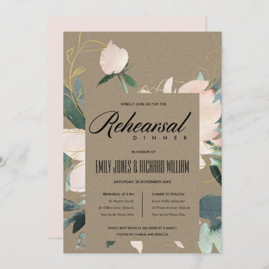 RUSTIC BLUSH FLORAL WATERVERF REHEARSAL DINNER KAART (Voorkant / Achterkant)