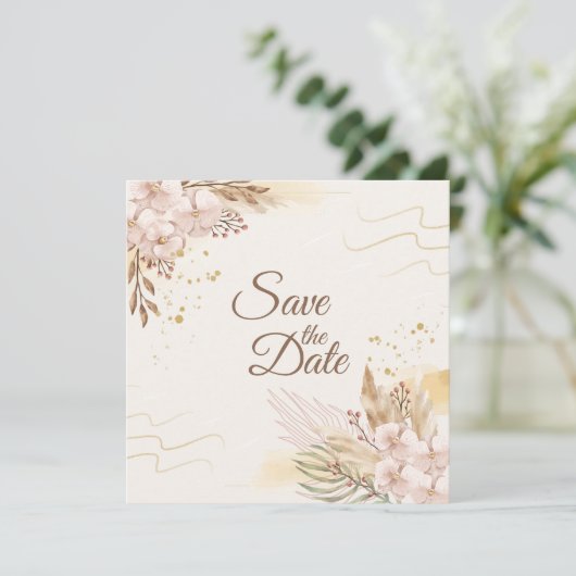 Rustic Blush & Gold Floral Boho Save the Date (Staand voorkant)