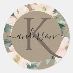 RUSTIC BLUSH GOLD KRAFT FLORAL WATERVERF MONOGRAM RONDE STICKER