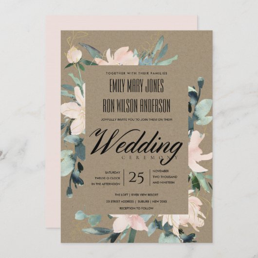 RUSTIC BLUSH GOLD KRAFT FLORAL WATERVERF WEDING KAART (Voorkant / Achterkant)