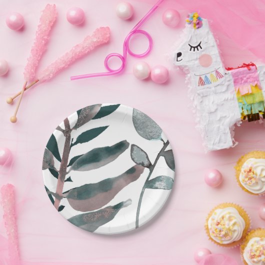 Rustic Blush Greenery Botanical Leaves Waterverf Papieren Bordje (Feest)