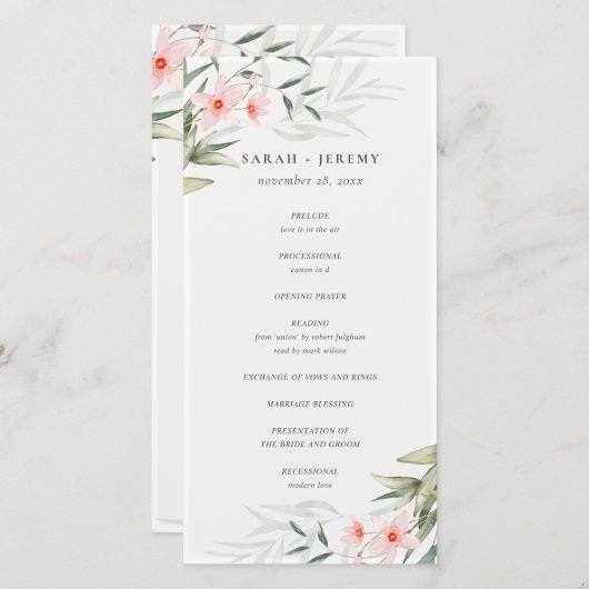Rustic Blush Greenery Floral Wedding Programme Bedankkaart (Voorkant / Achterkant)