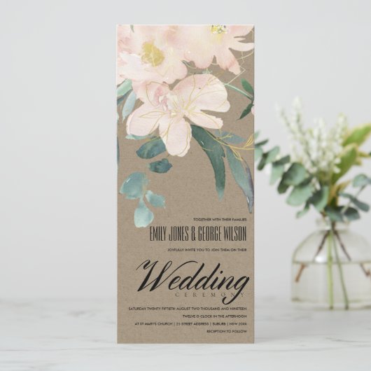 RUSTIC BLUSH KRAFT FLORAL BUNCH WATERVERF WEDING KAART (Staand voorkant)