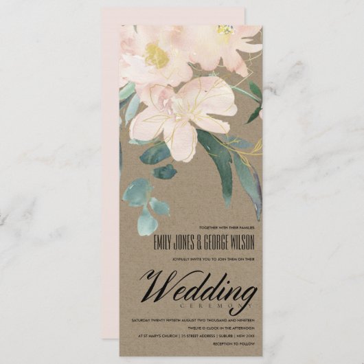 RUSTIC BLUSH KRAFT FLORAL BUNCH WATERVERF WEDING KAART (Voorkant / Achterkant)