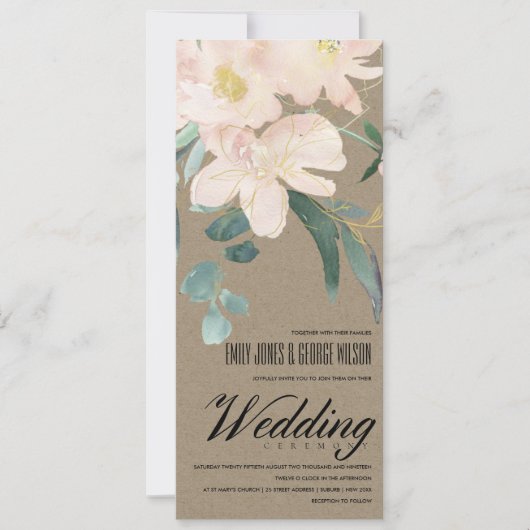 RUSTIC BLUSH KRAFT FLORAL BUNCH WATERVERF WEDING KAART (Voorkant)