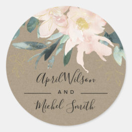 RUSTIC BLUSH KRAFT FLORAL BUNCH WATERVERF WEDING RONDE STICKER